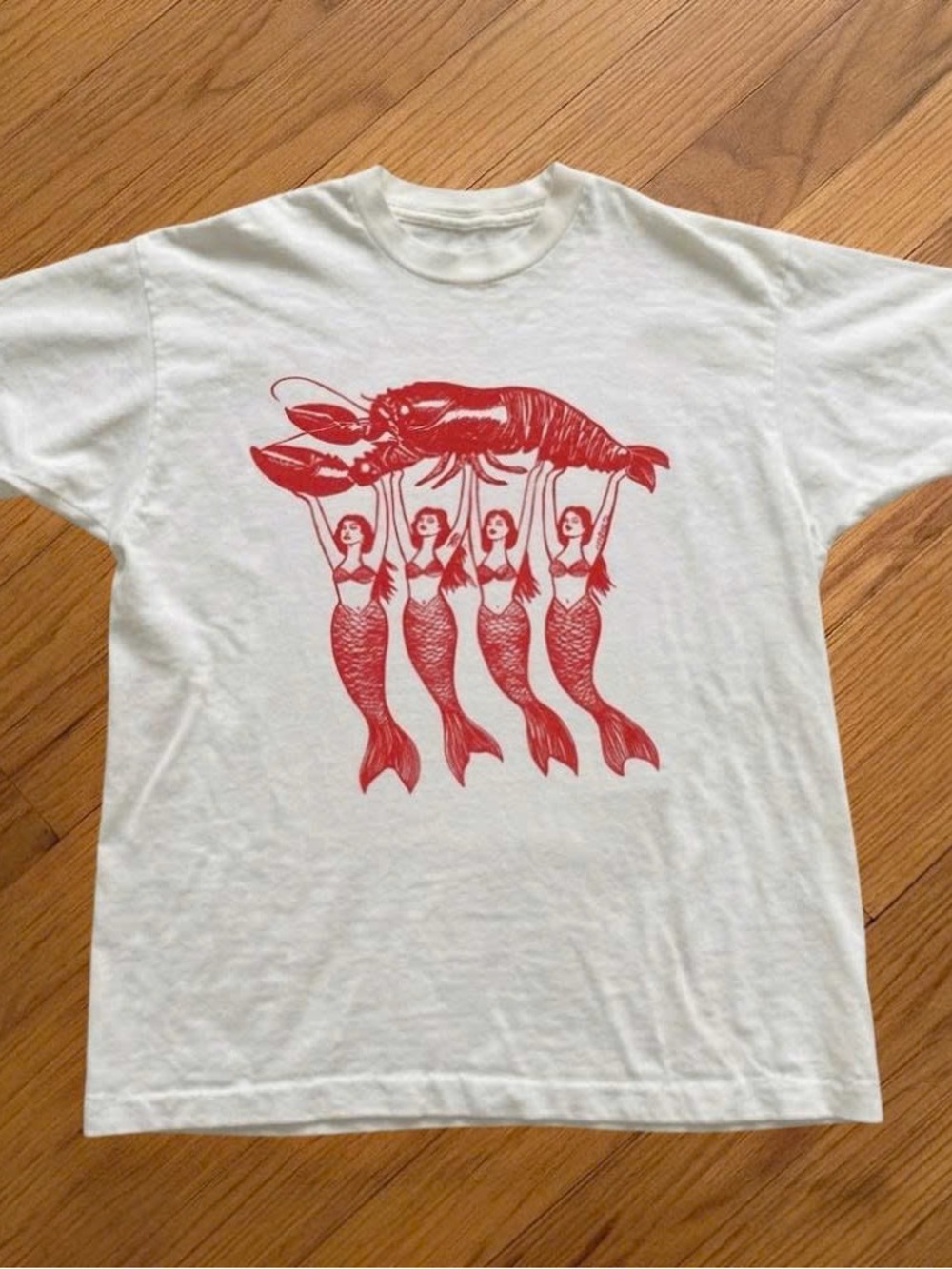 White Graphic Swim T-Shirt with Red Lobster & Mermaids - Picture 1 of 2